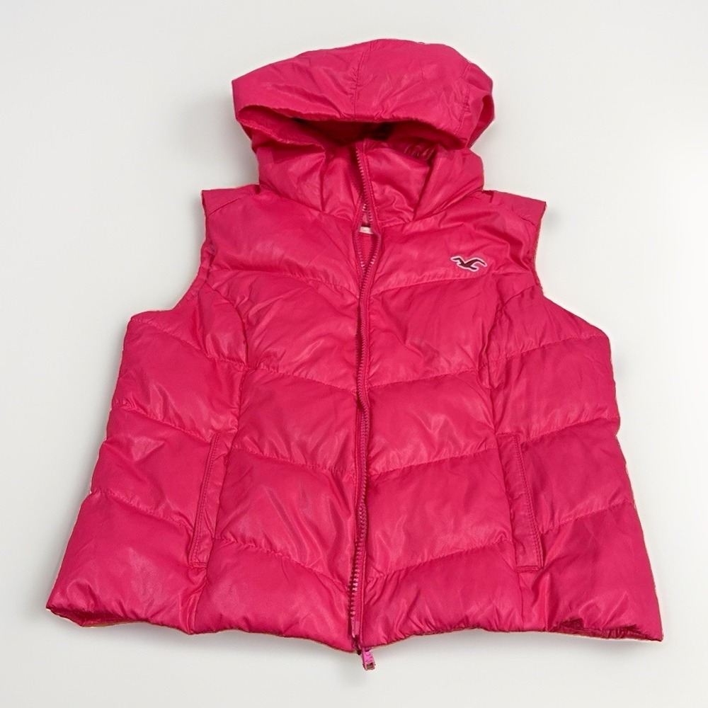 Hollister Womens Y2K Hooded Puffer Vest Size L Pink 50/50 Down Feather Preppy
